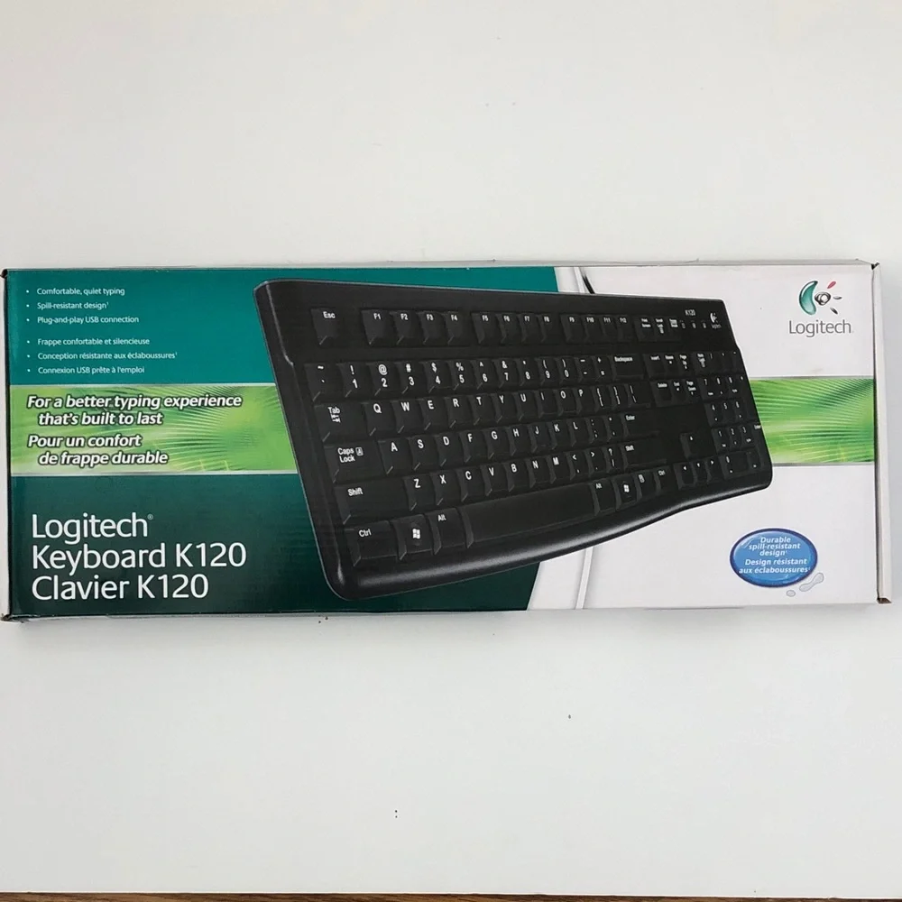 Logitech Black Full-Size Wired Keyboard K120 spill resistant new in box